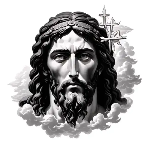 Jezus Face Looking Over Croses In Cloudes Under Heaven Gates