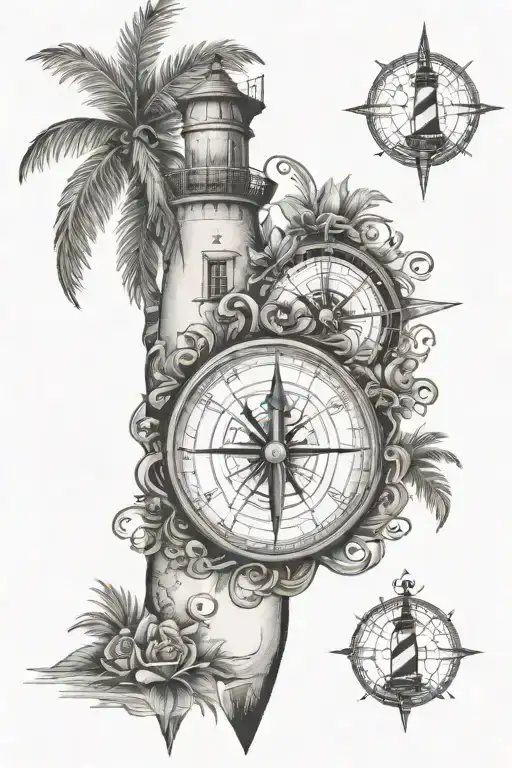 Compass With Lighthouse Pointing South And Palm Tree Pointing West And Vines Pointing East