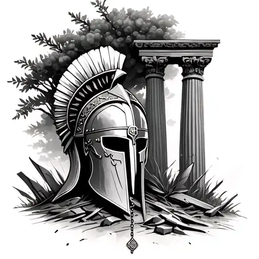 Roman Or Spartan Helmet With Rosary And Broken Pillars And Olive Tree In Background