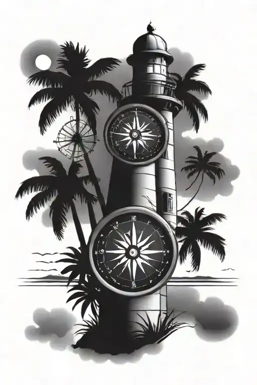 Compass With Lighthouse Pointing South And Palm Tree Pointing West
