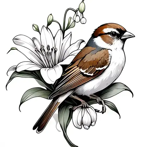 Sparrow On Lillies With Lily Of Valley