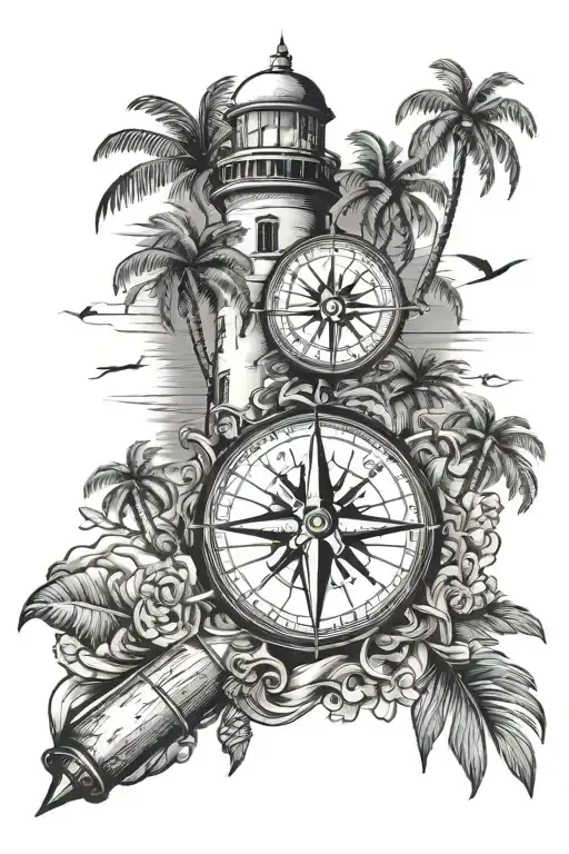 Compass And Lighthouse Pointing South And Palm Tree Pointing West