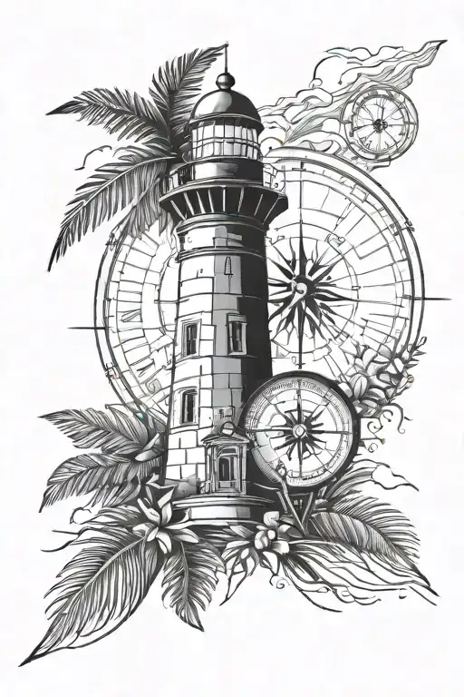 Compass On Top Of Lighthouse Pointing South And Palm Tree Pointing West