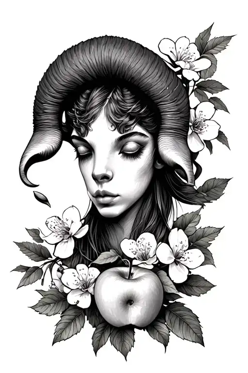Aries Head And Apple Blossoms And Leaves Growing Old School Style