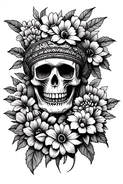 Skull Mexica And Flowers Growing