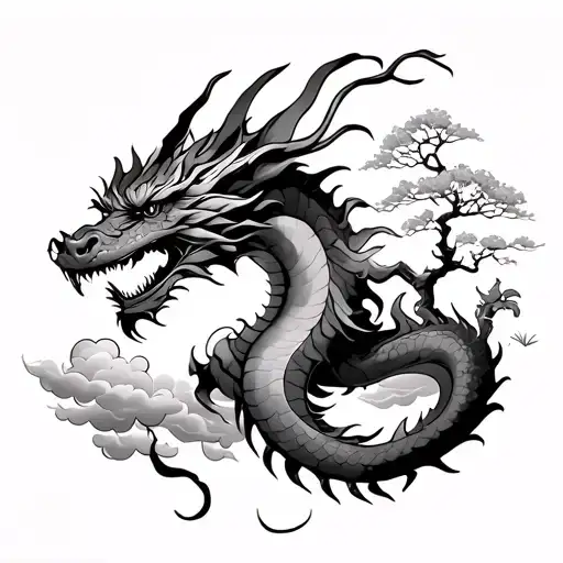 Dragon In The Clouds With A Cherry Tree On The Back