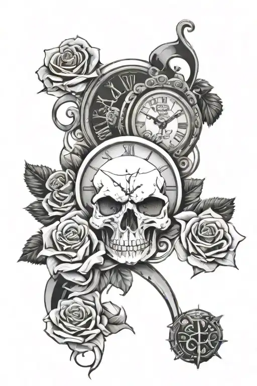 Skull Sleeve With Roses Clocks And One Small Cancer Ribbon