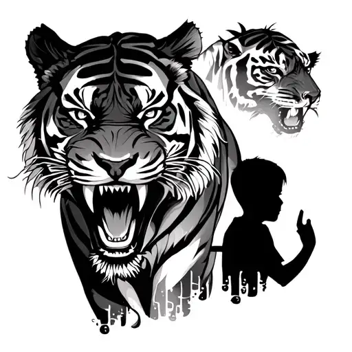 Silhouette Of A Boy Against The Background Of A Growling Tiger