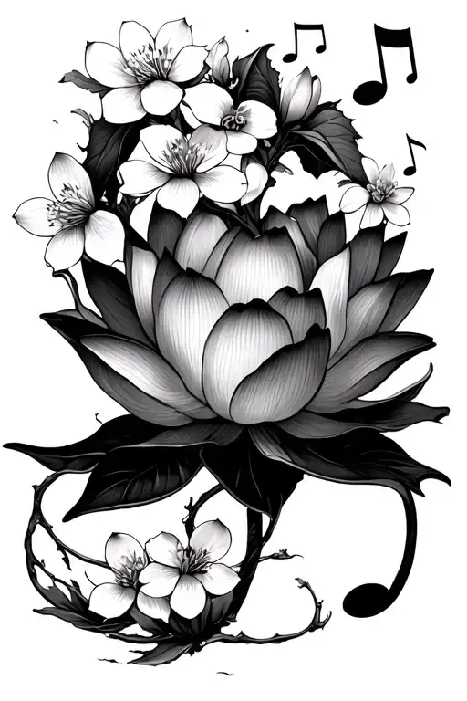 Lotus With Musical Notes Floating Among Cherry Blossoms