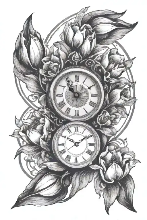 Clock Face With Roman Numerals Surrounded By Tulips