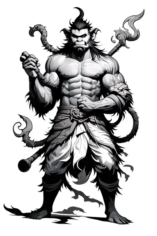 Front View Sun Wukong With His Staff In His Shoulders And Both His Arms Rest In It