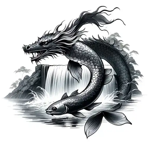 A Koi Fish At The Base Of A Waterfall Swimming Up And A Japanese Dragon At The Top Of The Waterfall