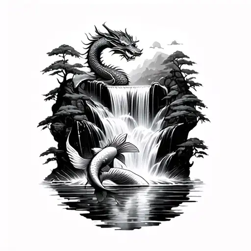 A Koi Fish At The Base Of A Waterfall Swimming Up And A Japanese Dragon At The Top Of The Waterfall