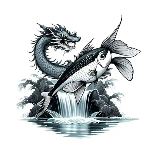 A Koi Fish At The Base Of A Waterfall Swimming Up And A Japanese Dragon At The Top Of The Waterfall
