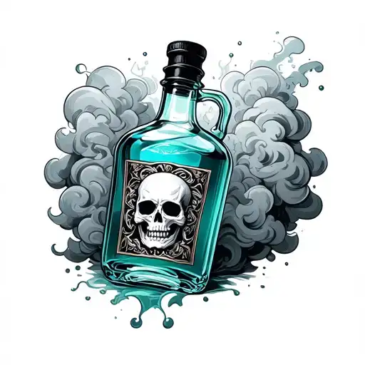 Poison Bottle With Aqua Tofana On The Label And Mist Coming Out Of It Forming Into Skull Clouds