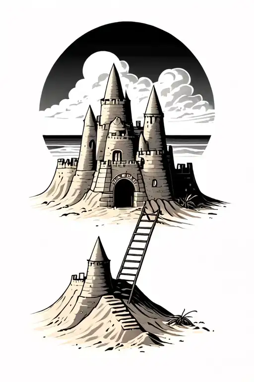 Art Deco Style Sand Castle With Ladder Leaning Against It
