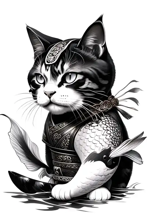 Fortune Cat With Koi And Samurai Warrior Surrounded