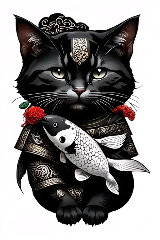 Fortune Cat With Koi And Samurai Warrior