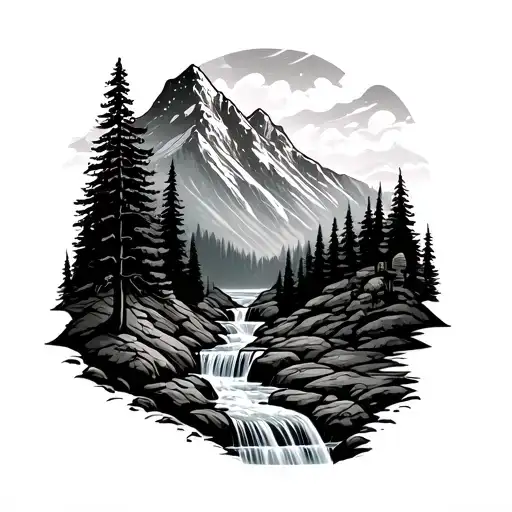 A Landscape Tattoo Featuring A Mountain With A Waterfall Into A River And Some Trees