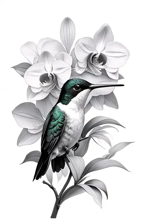 Hummingbird With Orchids Black And White