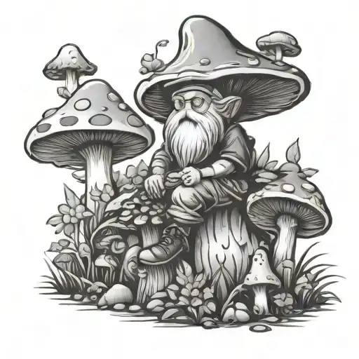 Travelling Gnome Resting Beneath A Mushroom Forest