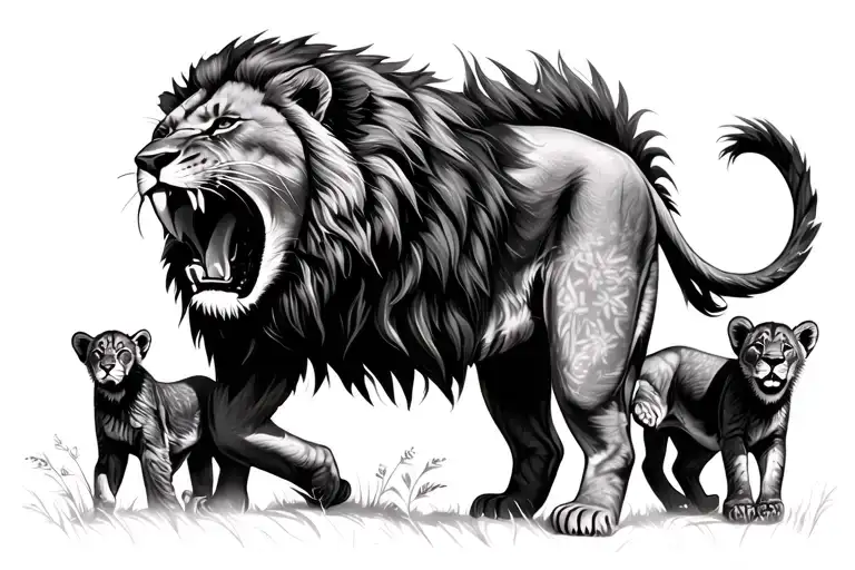 Lion Growling With 2 Cubs Walking In The Forest