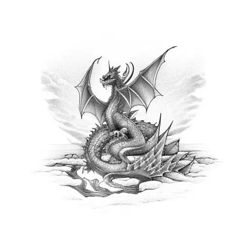 A Dragon Cooking Over A Campfire On A Beach At Sunset