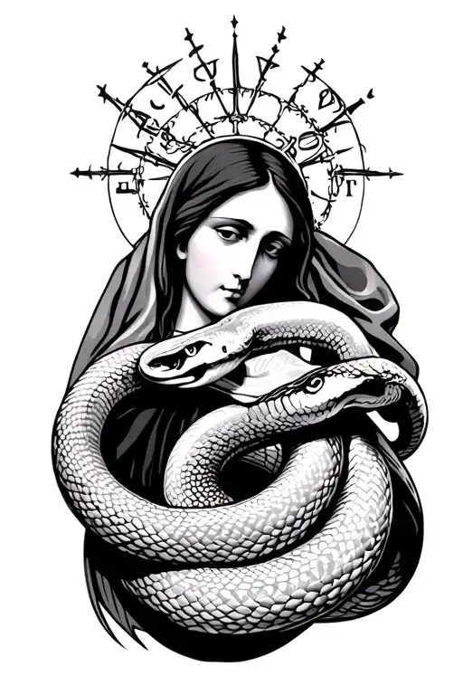 Virgin Mary Whit Runes And Snake Coiled Snake Wrapped