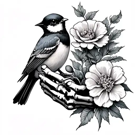 Skeleton Hand Holding Chickadee Perched On Carnations