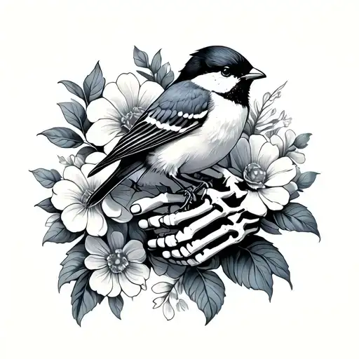 Skeleton Hand Holding Chickadee Perched On Flowers