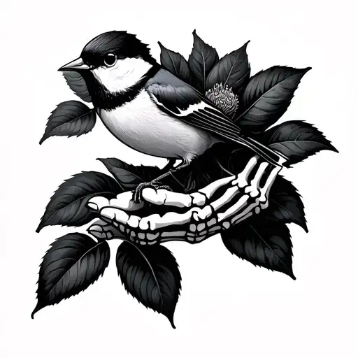 Skeletal Hand Holding Chickadee Perched On Flower Large Black Leaves