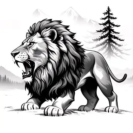 Lion Roaring To Pine Trees Dancing To The Wind Without Visual Background Element Like Mountain
