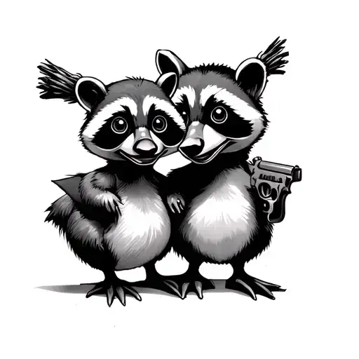 Little Duck And Racoon With Two Guns