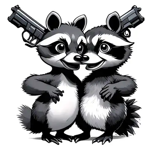 Little Duck And Racoon With Two Guns And Separeted