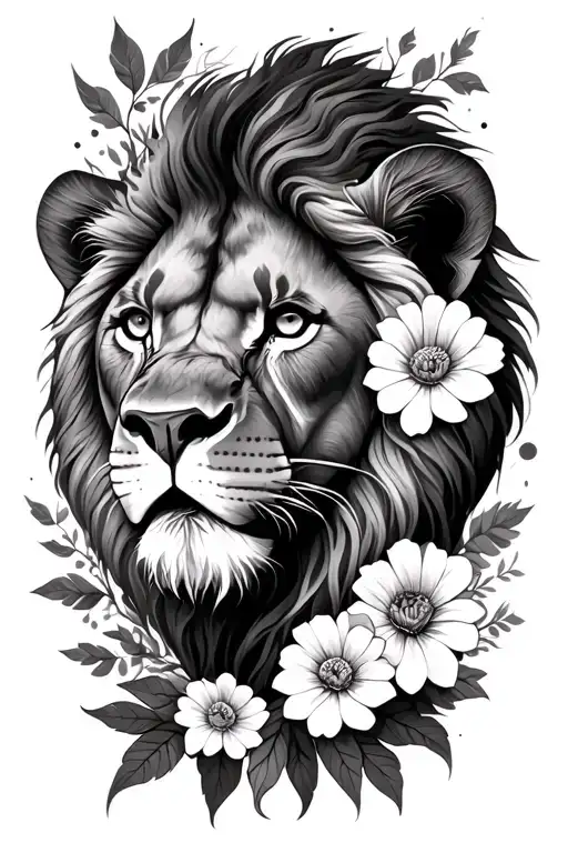 Lion Face Hiding In Flowers And Nature