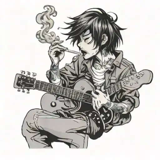 A Surreal Scene Of A Person Smoking A Cigarette While Playing Guitar In A Dreamlike Anime World