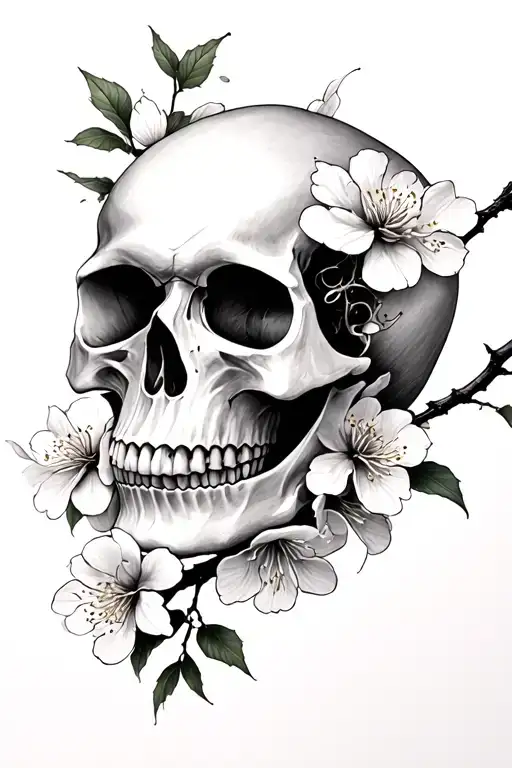 Realistic Cherry Blossom Skull