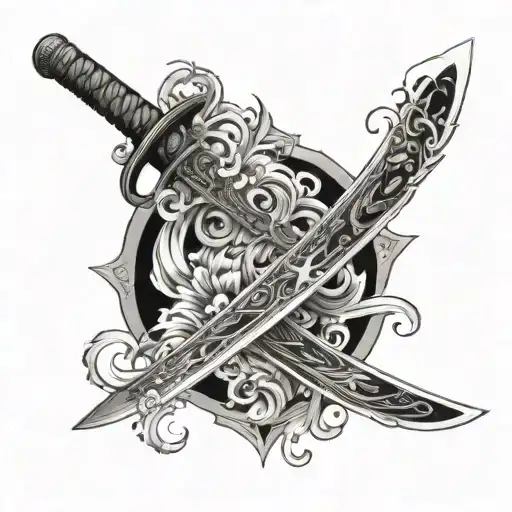 A Katana Sword Being Engulfed By Swirling Water And Floral Patterns