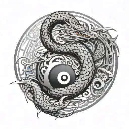A Cobra And Dragon Intertwined In A Yin Yang Symbol With Musical Elements