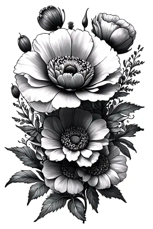 Floral Composition Fine Line With Poppy Chrisantheme And Dahlia