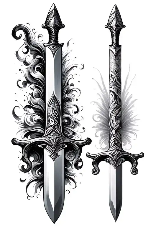 Long Very Slim Damascus Engraved Sword Blade Black And White Vertical