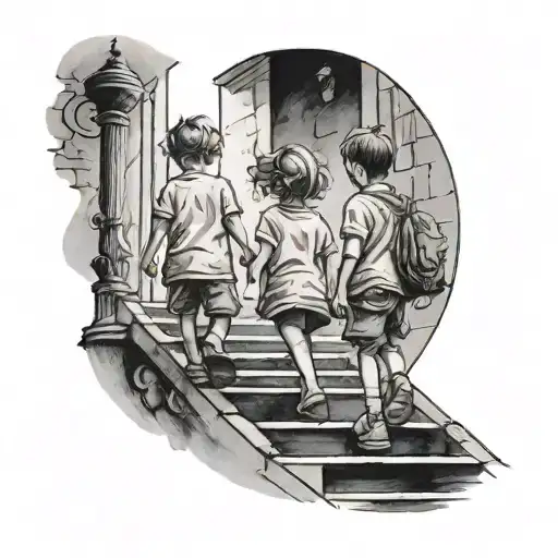 Three Children Are Walking Up The Stairs