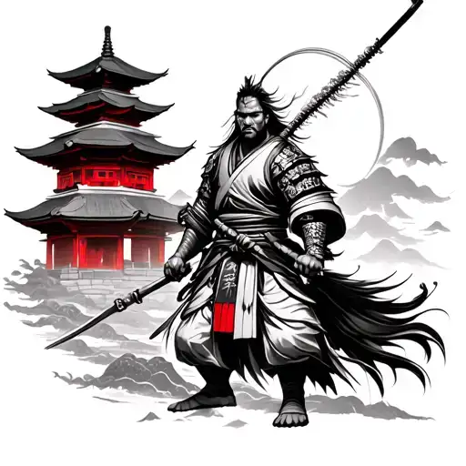 Japanese Warrior And Temple