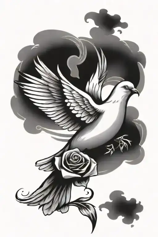 Dove Flying With Rose In Mouth And Peace Sign