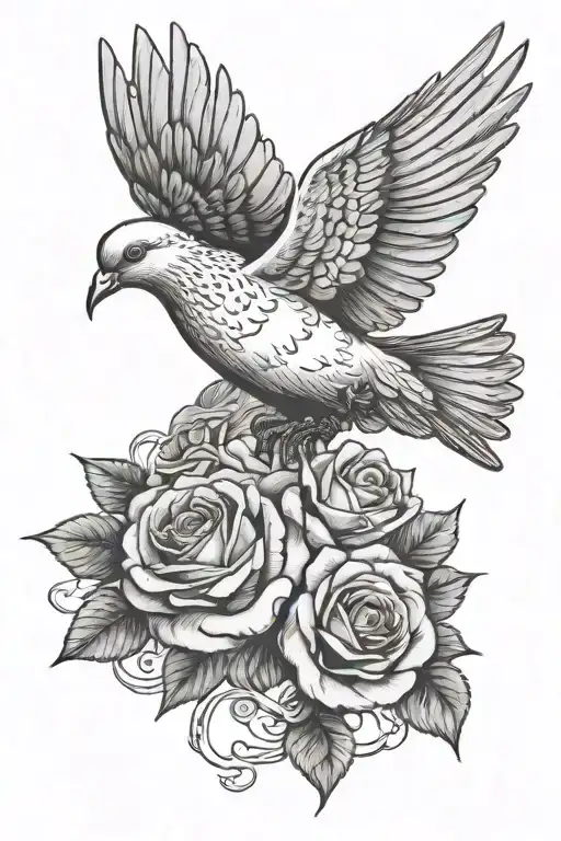 Dove Flying In Clouds With Roses And Banner