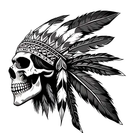 Native American Skull With Feathered Head Dress