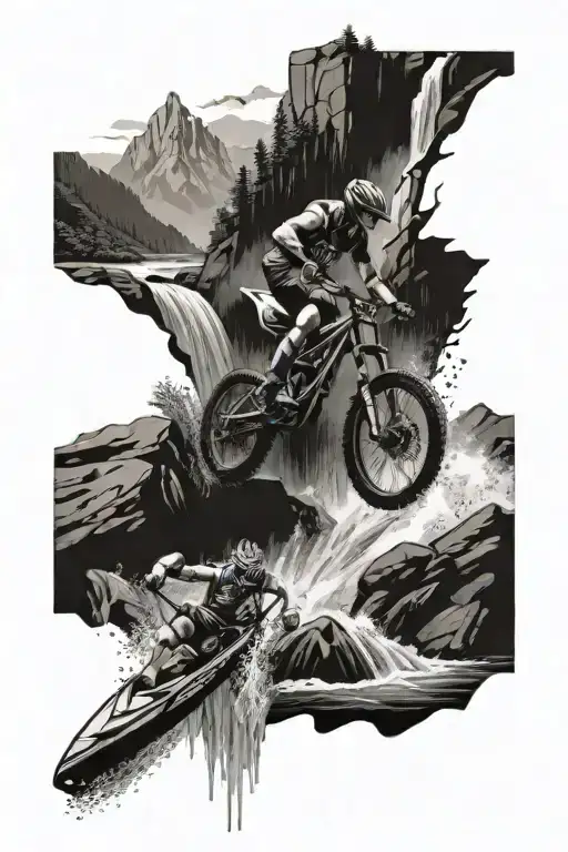 Mountain Bike And Kayak Down Waterfall Flowing