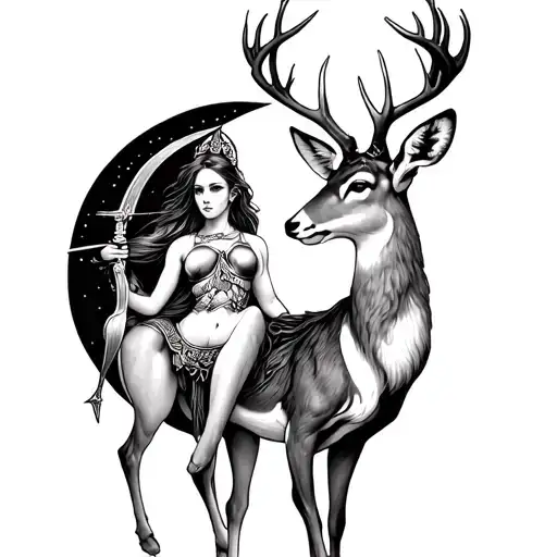 Artemis With Her Bow And The Inspiring Deer With Moon