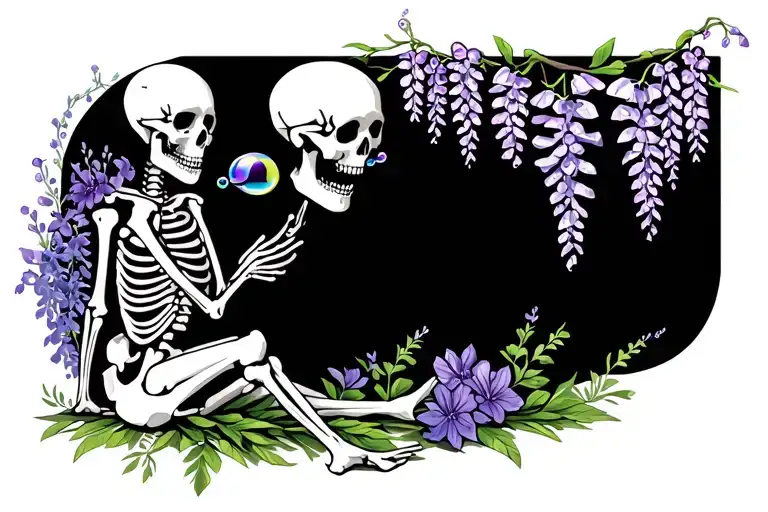 Sitting Skeleton Blowing Bubbles With Wisteria And Flowers