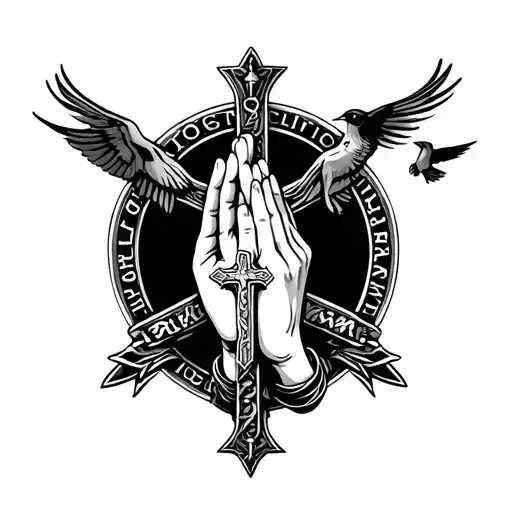 Praying Hand Holding Cross Necklace With Bird Flying And Lutheran Logo At Top